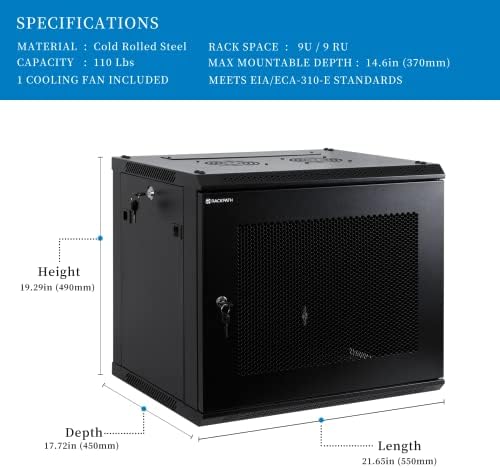 RackPath 9U Wall Mount Server Cabinet Network Rack Enclosure, Quiet Cooling Fan, Perforated Door, Black - Image 2