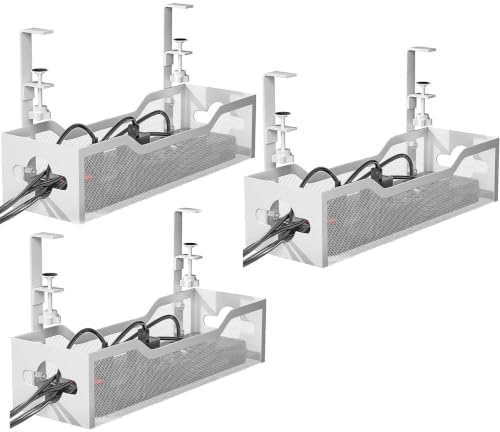 Under Desk Cable Management Tray 3 Pack, Cable Management Under Desk No Drill, Cable Organizer with Clamp for Wire Management, Cord Organizer for Office, Home - No Damage to Table (White) by Litwaro