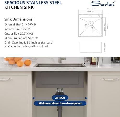 Sarlai Drop In Kitchen Sink - 21x20 Drop In Kitchen Sink Ledge Workstation 16 Gauge Stainless Steel Topmount Deep Single Bowl Over Counter Sinks Basin Round Corners - Image 7