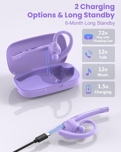 New Bee Bluetooth Headset V5.1 72H Talk Dual Mic with Mute Button for Work, Wireless Hand-Free Bluetooth Earpiece with 500mAh Charging Case for Cell Phone Calls Driver (M54, Purple) - Image 5
