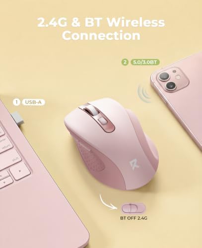 Redragon Wireless Mouse for Laptop, Bluetooth Mouse (BT5.0/3.0&2.4G) with 5 Level 4000DPI, Silent Cordless Computer Mice 6 Buttons,18 Months Battery,Compatible with PC, Laptop, Desktop-Pink - Image 2