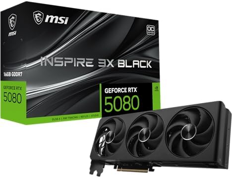 msi Gaming RTX 5080 16G Inspire 3X OC Black Graphics Card, GPU (16GB GDDR7, 256-bit, Extreme Clock 2655 MHz, DisplayPort x 3 2.1a, HDMI 2.1b, NVIDIA Blackwell Architecture) by Unknown