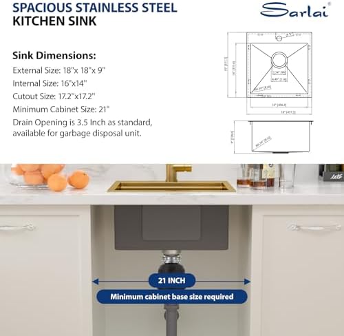 Sarlai Drop Bar Sink - 18 Inch Gold Outdoor Kitchen Sink with Pull-out Faucet Gold Drop In Workstation 18 x 18 Topmount Stainless Steel 16 Gauge Single Bowl Bar Prep RV Outdoor Sinks Basin - Image 7