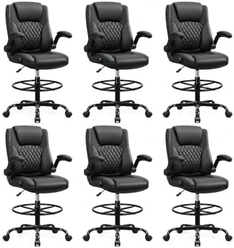 Drafting Chair, Tall Office Chair for Standing Desk, High Executive Leather Ergonomic Computer Chair with Adjustable Height and Flip-Up Armrest for Counter Height Desk, Black, Pack of 6 by BrickAttic