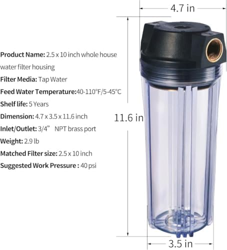 Geekpure 10 Inch Whole House Slim Water Filter Housing - 3/4"NPT Brass Port - Image 4