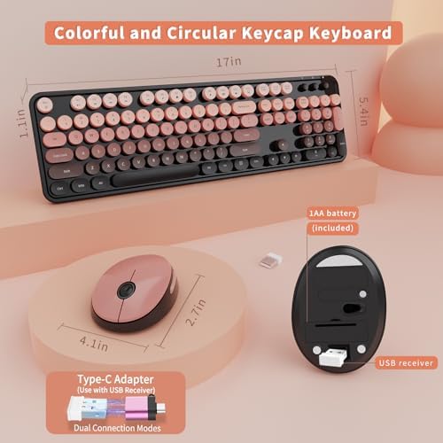 SkyGive Wireless Keyboard and Mouse Combo, Ergonomic Full Size Typewriter Retro Round Keycaps Keyboard, Compatible with Windows, PC, Perfect for Home and Office Keyboards (Aurora Red) - Image 5