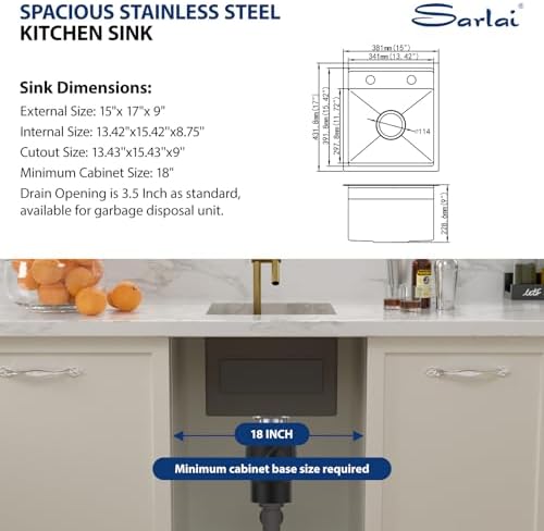 Sarlai Gold Undermount Bar Sink - 15x17 Inch Outdoor Kitchen Sink Workstation Gold 16 Gauge Stainless Steel Single Bowl Handmade Outdoor BBQ Sinks With Foldable Faucet - Image 7