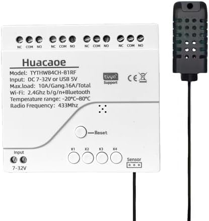 Tuya 4CH 7-32V Smart Temperature and Humidity Sensor,Dry Contact,Remote Application Control and Monitoring Function, Voice Control, Smart Scene, Compatible with Alexa and Google Home by Unknown