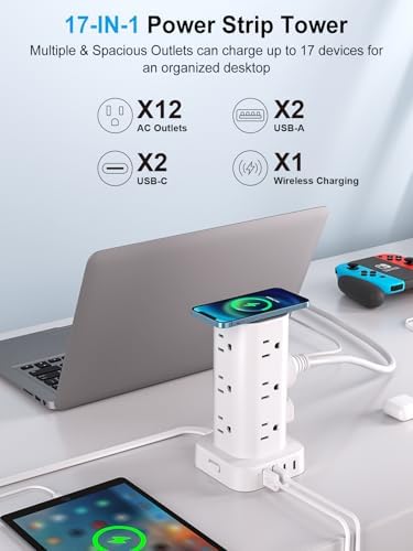 6FT Power Strip Tower with Wireless Charger,Surge Protector with 12 Outlets - Image 2