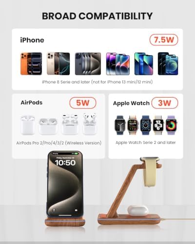 GEEKERA Wireless Charger, 3 in 1 Wireless Charging Station for iPhone Air/17/16/15/14/13/12/11, Phone and Watch Charger Stand for Apple Watch Ultra 3-2/11-2/SE, AirPods Pro/4/3/2, Dark Wood - Image 6