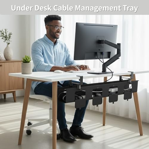 No Drill Under Desk Cable Management Tray, 47.5” Fabric Clamp Mount - Image 2