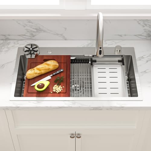 Sarlai Waterfall Kitchen Sink - 33 Inch Drop In Workstation Sink With Waterfall Stainless Steel 16 Gauge Multifunction Single Bowl Smart Top Mount Kitchen Sinks with Mechanical Keys 33x19x9 Inch - Image 3