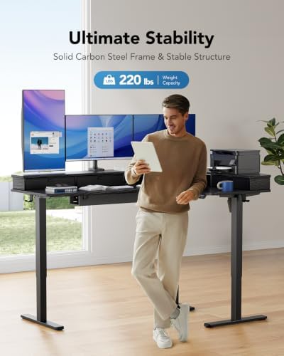 HUANUO 65″ L Shaped Standing Desk with 3 Drawers, Adjustable, Black - Image 5