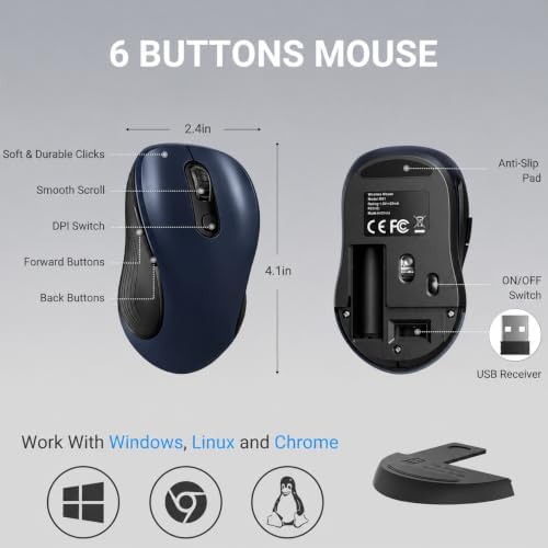 WisFox 2.4GHz Wireless Mouse for Laptop, Ergonomic 6-Button, Matt Gray - Image 6