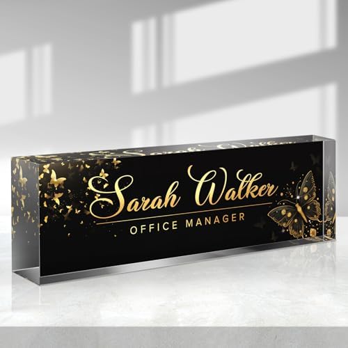 Custom Name Plate for Desk - Desk Name Plate Personalized - Acrylic Office Desk Accessories - Appreciation Gifts for Coworkers Employee Teacher Staff Boss - Office Decor for Women Men (Gold Butterfly) by Purdicra