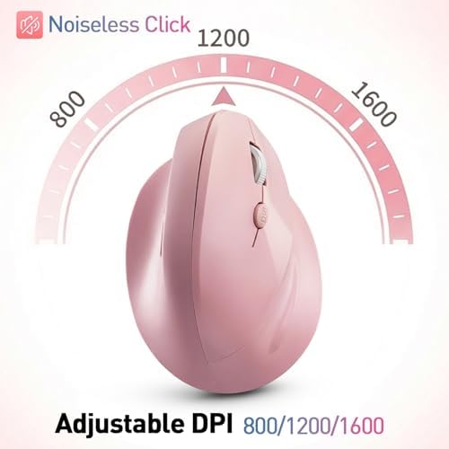 Wireless Ergonomic Mouse, Bluetooth and 2.4GHz USB-A Wireless Vertical Mouse, 800/1200/1600 Adjustable DPI, Quiet Clicks,6 Buttons, Compatible for Laptop/MacBook/PC/Desktop-Pink - Image 4