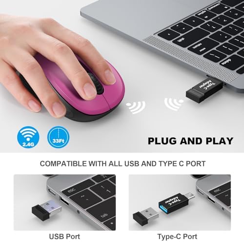 WisFox 2.4G Wireless Mouse for Laptop, Ergonomic Computer Mouse with USB Receiver and Type-C Adapter, 3 Adjustable Levels, 6 Button Cordless Wireless Mice for Windows Mac PC Notebook (Fuchsia) - Image 2