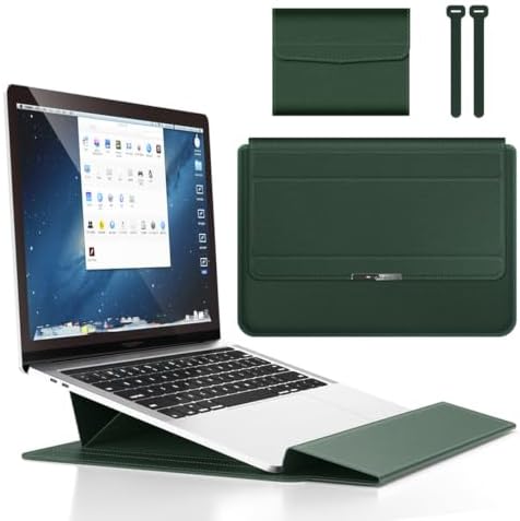 4 in 1 Ergonomic Workstation Set - Foldable Laptop Sleeve and Stand, Premium Leather Portable Computer Riser for 11-17 Inch Laptops, Waterproof Travel Organizer with Cooling Design (Green,16-17") by Krisuary