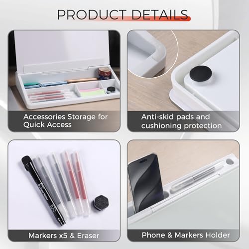 TOWON Compact Glass Desktop Whiteboard with Storage 12x7 in, White - Image 3