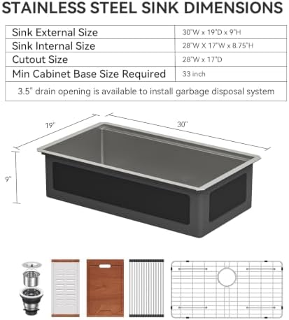 Lordear Undermount Kitchen Sink 30 inch 16-Gauge Stainless Steel Kitchen Sink Workstation Single Bowl Sinks 30x19x9 inch - Image 3