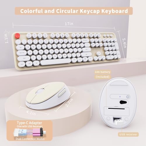 Wireless Keyboard and Mouse Combo, Ergonomic Full Size Typewriter Retro Round Keycaps Keyboard, Compatible with Windows, PC, Perfer for Home and Office Keyboards (Beige - Image 5