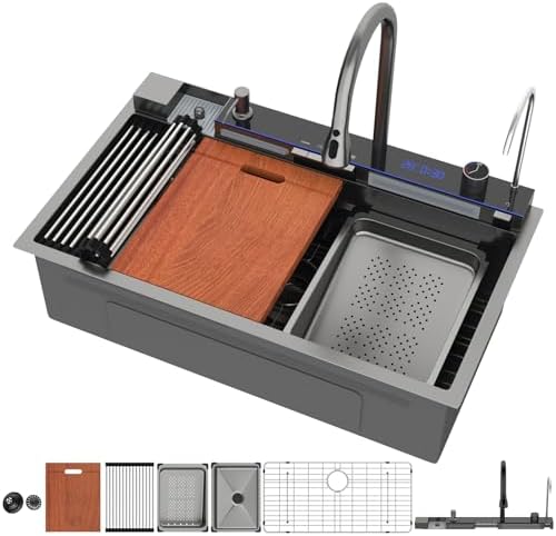 Mocoloo 33 Inch Black Honeycomb Waterfall Kitchen Sink Drop in, 33x19 Inch Stainless Steel Workstation Sink 16 Gauge Topmount Single Bowl Sink with Complete Kit by MocolooHome