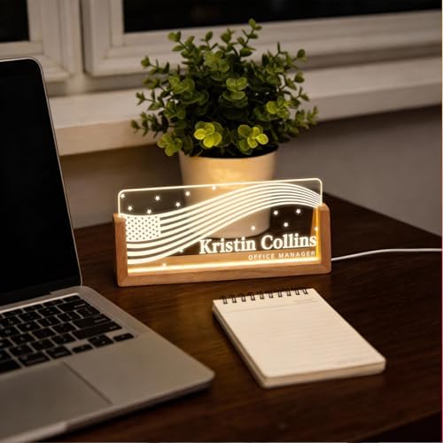 Personalized Light Up Acrylic Desk Name Plate - Custom Name Plate for Desk with Walnut Wood Base - Appreciation Office Gifts for Employees, Teacher, Social Worker (Stars) - Image 6