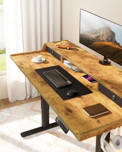 ErGear Electric Standing Desk with Drawers, 63″ x 28″ Gaming Table Compatible Monitor Stand, Stand up Desks, Home Office Height-Adjustable Desk with Storage Shelf, 4 Preset Heights, Vintage Brown - Image 3