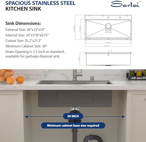 Sarlai 36 Inch Drop In Kitchen Sink - 36x22 Drop Kitchen Sink Ledge Workstation 16 Gauge Stainless Steel Sink Topmount Single Bowl Over Counter Kitchen Sinks Basin Round Corners - Image 6