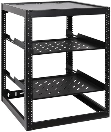 RackPath 16U Open Frame Network Rack with 2X 14in Vented 1U Shelves Rear Support, Wall Mount/Floor Standing Network Cabinet, Heavy Duty 150 lbs Capacity for IT & AV Gear, Audio and Video Device by RackPath