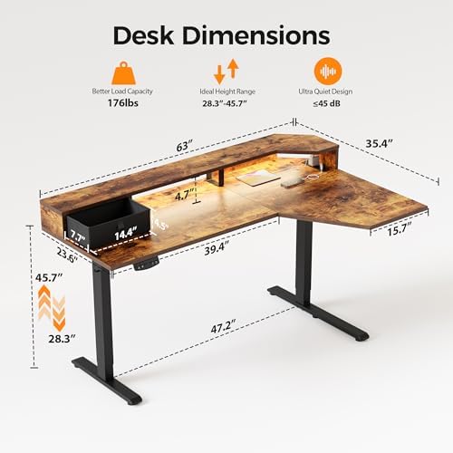 Agilestic 63*35 Inch L Shaped Standing Desk with Shelf & Led& Outlet, Brown - Image 3