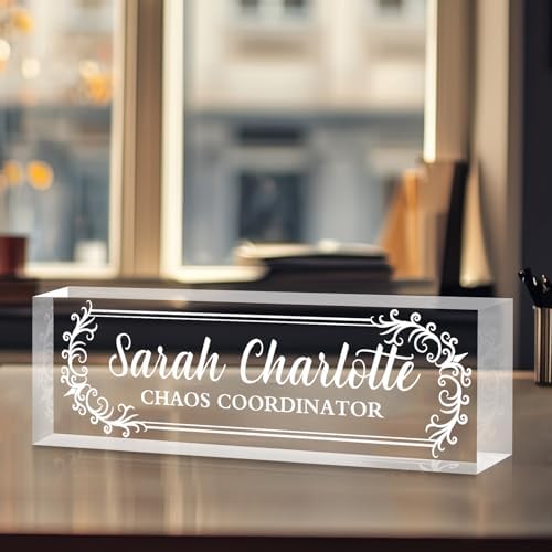 Custom Name Plate for Desk, Personalized Desk Name Plate on Clear Acrylic Glass, Appreciation Gifts for Teacher Employee Boss Coworkers Nurse, Office Desktop Accessories for Women Men (Engraved Thorn) by DOCRAGI