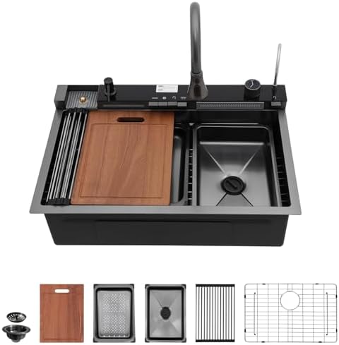 Sarlai Waterfall Kitchen Sink - 30 Inch Drop In Workstation Sink With Waterfall Black Stainless Steel 16 Gauge Multifunction Single Bowl Smart Top Mount Kitchen Sinks with Mechanical Keys 30x19 Inch - Image 2