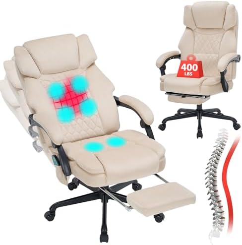 Massage Office Chair with Foot Rest 6 Points Vibration and Heat Home Office Desk Chairs for Heavy People 400lbs Reclining Managerial Chairs Ergonomic Executive Chair (Beige) by BUYNOW