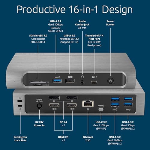 Kensington SD5800T Thunderbolt 4 and USB4 Quad 4K Display Docking Station, 100W Charging, 2 x HDMI, 2 x DP, 2.5G Ethernet, Card Readers, for Windows/MacOS (K32856NA) (Pack of 6) - Image 3