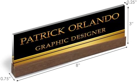 Artblox Personalized Office Desk Name Plate With Business Card Holder | Clear Acrylic Glass with Teak Wood Stand | Black Gold Stripe Design Customized with Your Name and Credentials Office Desk Décor - Image 3
