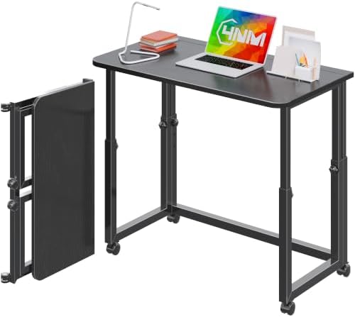 4NM No Tool Assembly 31.5" Small Desk, Folding Portable Desk with Wheels, Foldable Computer Home Office Desks, Collapsible Study Writing Table for Space Saving Bedroom - All Black by 4NM