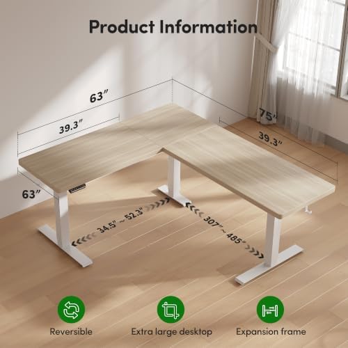 FEZIBO Triple Motors 25mm Tabletop L Shaped Standing Desk, 75" X 63" Electric Standing Gaming Desk Adjustable Height, Corner Stand up Desk with Splice Board, White Frame/Light Walnut Top - Image 2