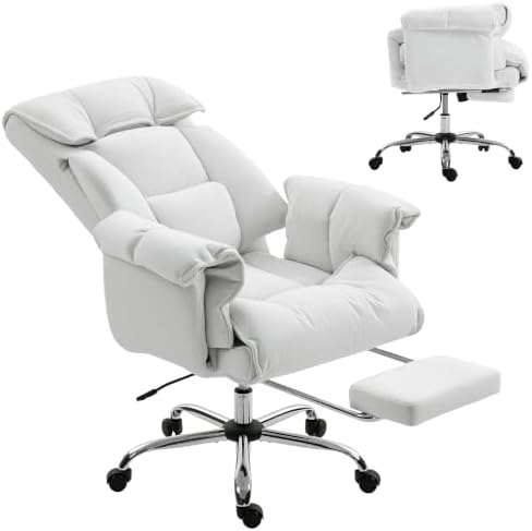 HOMCOM Executive Office Chair Comfy with Foot Rest Reclining Cream White by HOMCOM