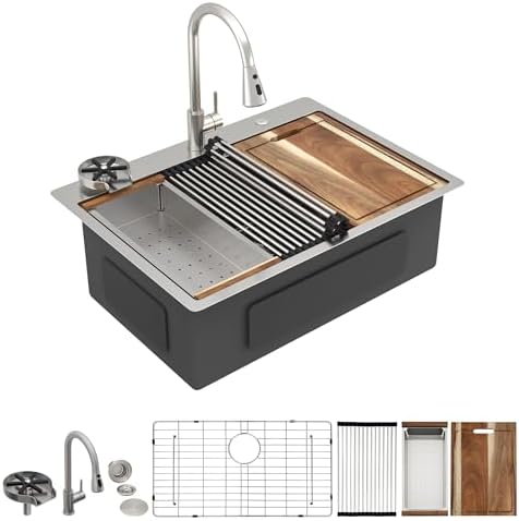 30"x22" Drop In Kitchen Sink Ledge Workstation – 16 Gauge 304 Stainless Steel Top Mount Overmount Single Bowl Sink Basin with Faucet Combo & Glass Rinser by FULORNI