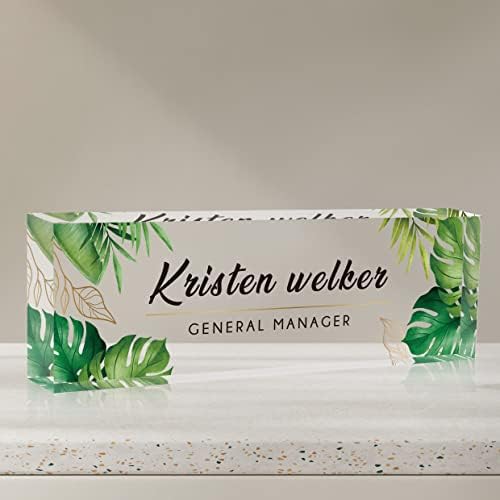Desk Name Plate Personalized, Custom Name Plates for Desks, Office Desk Decor, Green Leaf Clear Acrylic Glass Block, Personalized Office Gifts for Women Men Boss Teachers Coworkers Appreciation Gifts by SalaGraphics
