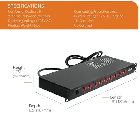 Tecmojo 9-Outlet Rack Mount Overloading Protection Circuit Breaker PDU, with Individual Switch 6ft Cord for IT and Network Racks and Cabinets(SKU# 13110901) - Image 2