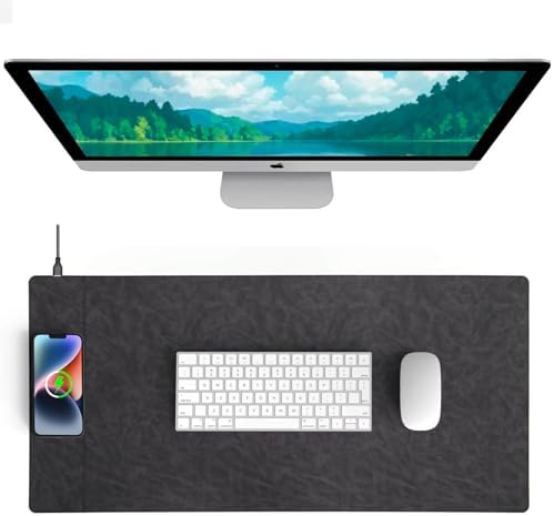 Magnetic 15W Fast Wireless Charging Desk Pad, 35.4"x16.8" Extra Large Mouse Pad, Microfiber Leather Office Desk Mat, Waterproof and Scratch-Resistant Mouse Mat for Office and Home Use, Grey Color by Hi-HONX