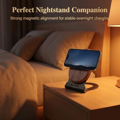 Walnut Wood Foldable Wireless Charger Stand, Magnetic 15W Fast Charging Dock with 0-85° Adjustable Angle, Compatible with MagSafe for iPhone 18/17/16/15/14/13/12 Series, Desk & Nightstand Decor - Image 5