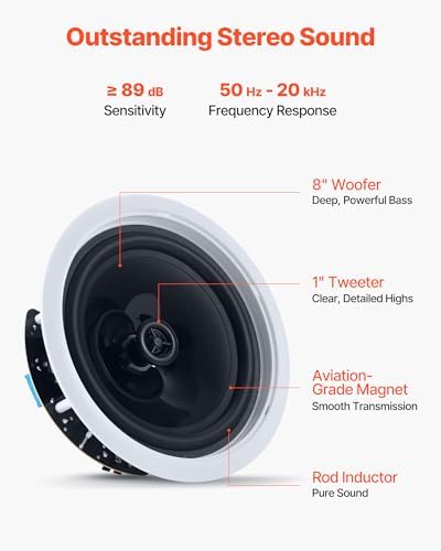 VEVOR Bluetooth Ceiling Speakers, 8", in Ceiling & in-Wall Speaker System with Amplifier, 2-Way Flush Mount Speakers, for Damp Humid Placement, Home Theater, Living Room, or Covered Patio, 1 Pair - Image 4