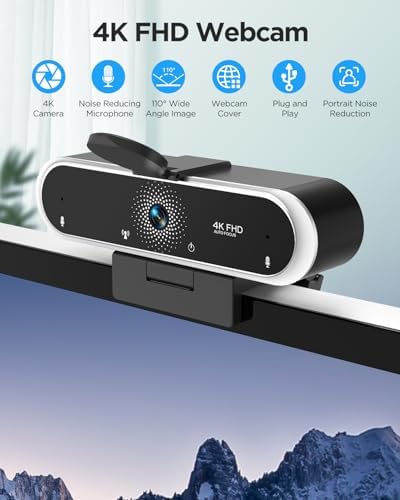 Webcam 4K with Microphone & Privacy Cover for PC/Laptop, USB Computer Camera Plug & Play with Auto Light Correction for Video Calls, Live Streaming Gaming & Online Meetings - Image 2