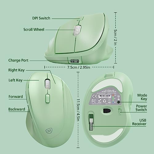 Micropack Ergonomic Vertical Wireless Bluetooth Mouse for Laptop MacBook PC Rechargeable Silent Click 3-Mode Multi-Device 2.4G Adjustable DPI Compatible with Windows Android iOS MacOS Green - Image 4