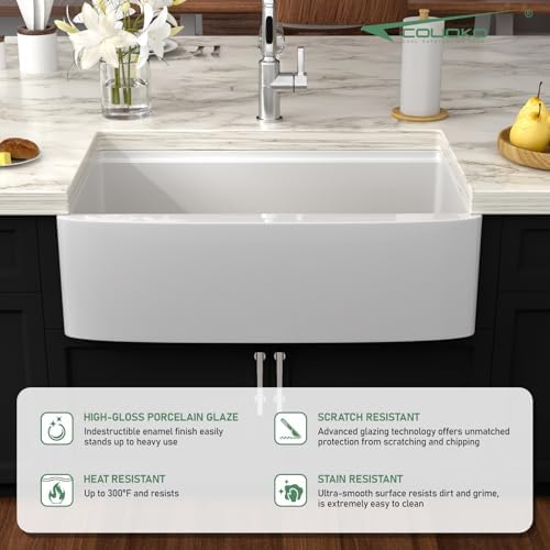 33 Inch White Farmhouse Sink Workstation - Couoko White Curved Apron Front Fireclay Farm Sink Large Deep Ceramic Single Bowl Farmhouse Kitchen Sinks with Luxury Accessories, 33" x 21" x10" - Image 7