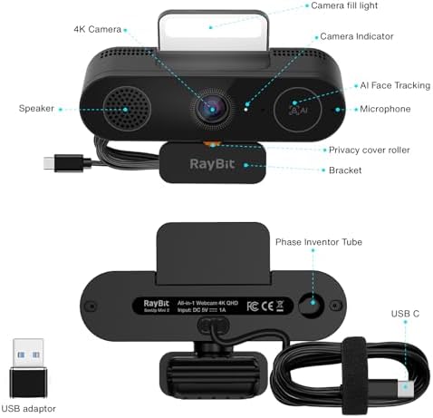 5-in-1 Design 4K Webcam with Speaker and Microphone, Built-in Light, Privacy Cover, AI Auto-Framing Cam, Computer USB C Web Camera for PC, Desktop, Laptop, Mac, Streaming, Video Conference - Image 7