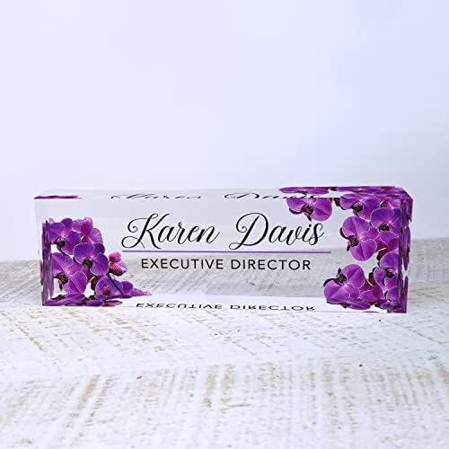 Artblox Office Desk Name Plate Personalized | Custom Name Plates for Desks | Purple Orchid Design On Clear Acrylic Glass | Office Desk Decor - (8" x 2.5") - Image 2